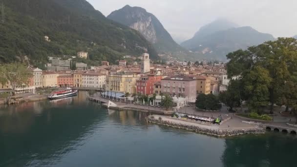 Aerial View Riva Del Garda Cityscape Italy Lakefront Clock Tower — Video