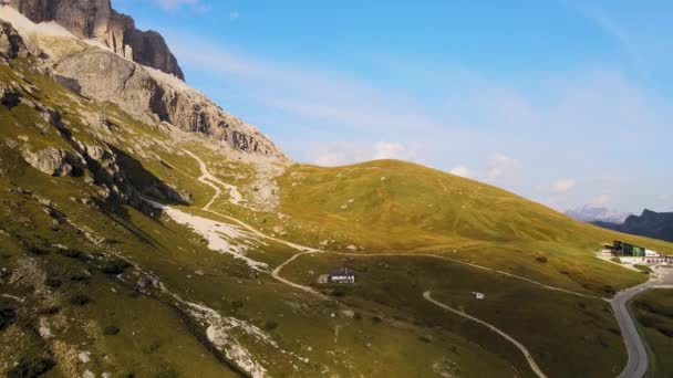 Aerial View Picturesque Val Gardena Green Hills Valley Blue Summer — Stock videók