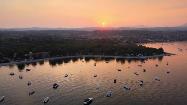 Sunset Garda Lake Salo City Lombardy Italy Aerial View Colorful — Stockvideo
