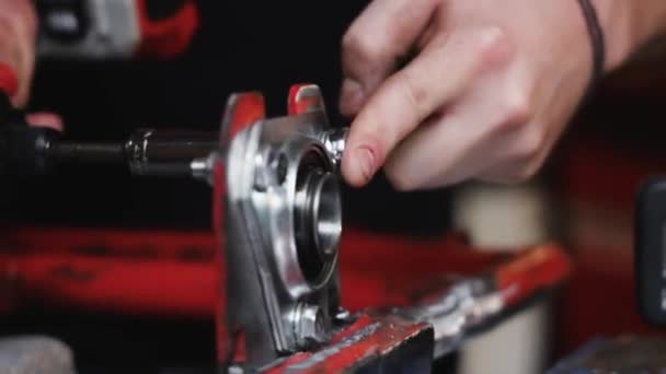 Close Shot Mechanic Fabrication Workshop Impact Drill Unscrewing Some Bolts — стоковое видео