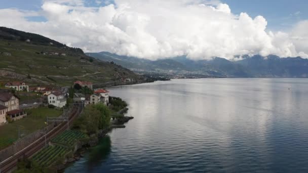 Aerial Beautiful Buildings Beautiful Lake Swiss Countryside — Stok video
