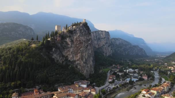 Aerial View Castello Arco Medieval Castle Steep Hill Riva Del — стоковое видео