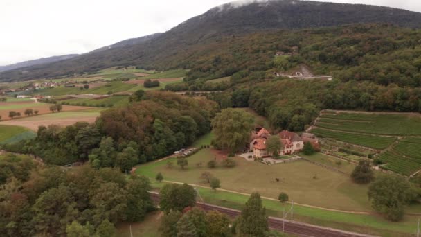 Aerial Beautiful Old Building Rural Swiss Landscape — Stockvideo