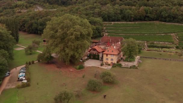 瑞士农村标志性建筑的空中 无人机撤回 — 图库视频影像