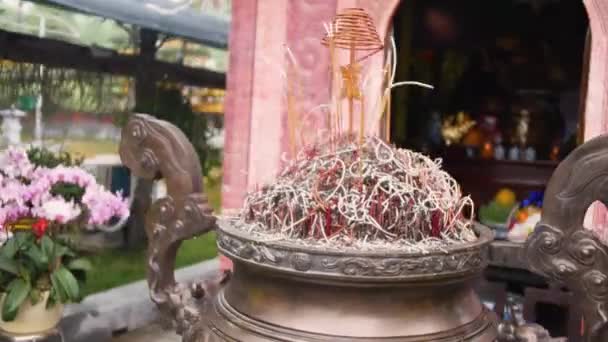 Aromatic Steams Burning Incense Sticks Front Altar Buddhist Temple Tam — Video