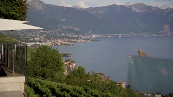 Dolly Beautiful Swiss Landscape Seen Luxurious Bar — 비디오