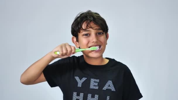 Portrait Cheerful Boy Washing Teeth Isolated White Background — Vídeos de Stock