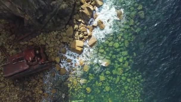 Rusty Shipwreck Rms Mulheim Land End Cornwall England Aerial Shot — ストック動画