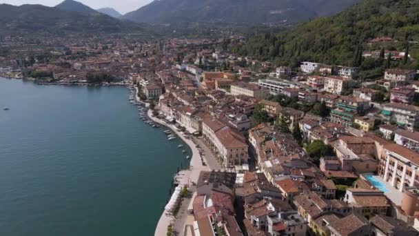 Aerial View Idyllic Sunny Garda Lake Salo City Promenade Lombardy — Stockvideo