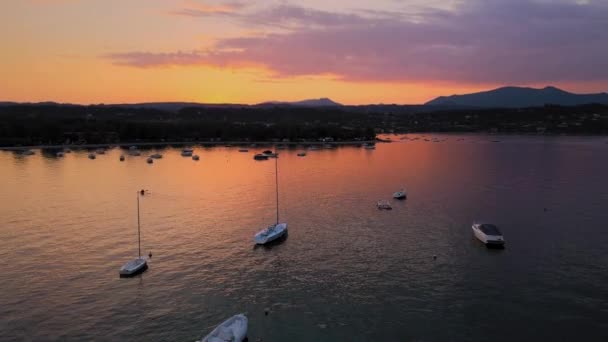 Magical Sunset Twilight Sky Salo City Lake Garda Italy Aerial — Stock video