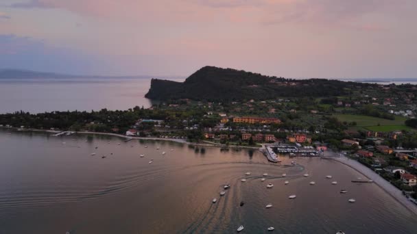Idyllic Salo City Promenade Riviera Garda Lake Sunset Italy Aerial — 비디오