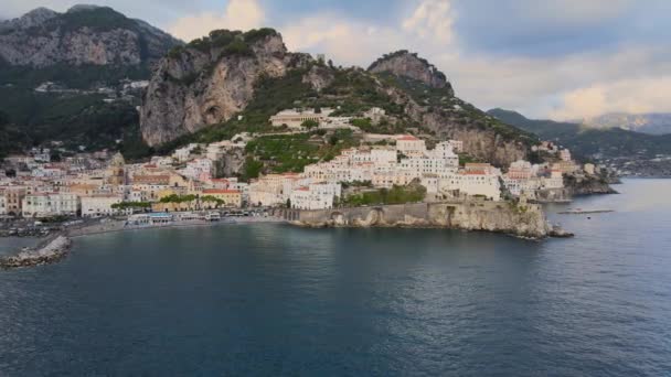 Amalfi Amalficoast Província Salerno Itália Vista Aérea Cidade Pitoresca Costa — Vídeo de Stock