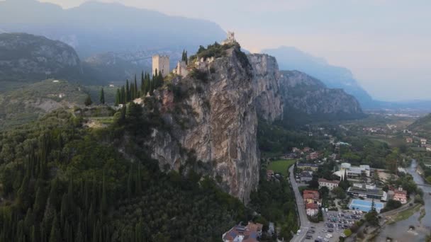 Aerial View Castello Arco Medieval Castle Steep Cliff Riva Del — Stock Video