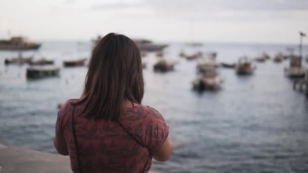 Back Young Female Taking Pictures Smartphone Amalfi Coast Italy — Wideo stockowe