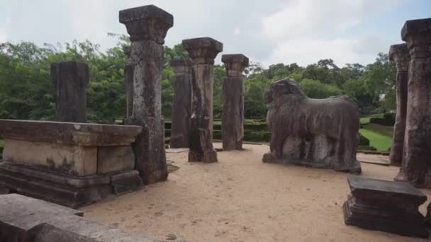 Large Carved Stone Statue Surrounded Tall Stone Pillars Temple Grounds — Stok video