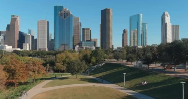 Drone View Skyscrapers Downtown Houston Area Video Filmed Best Image — стоковое видео