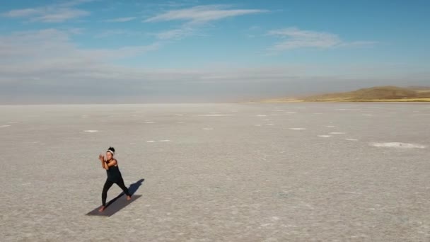 Beautiful Brunette Girl Practicing Yoga Wild Landscape Vinyasa Flow Warrior — Stockvideo