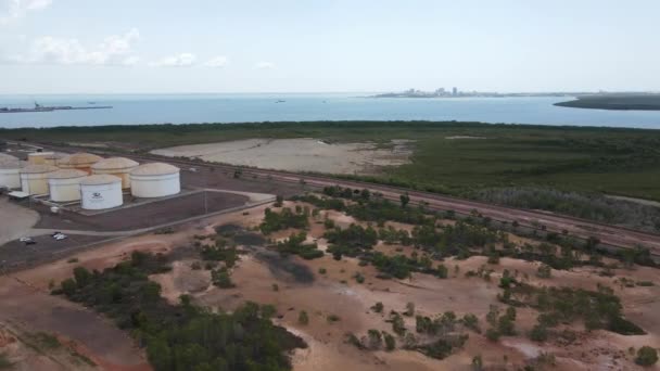 Descending Aerial Drone Shot East Arm Industrial Area Oil Storage — Vídeo de Stock