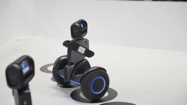 Маленький Автономный Робот Движется Центру Останавливается Второй Робот Наблюдает Областью — стоковое видео