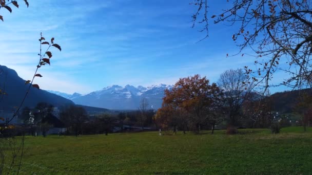 Footage Austrian Mountain Alps Glacers Distance Green Foreground Blue Sky — Stock Video