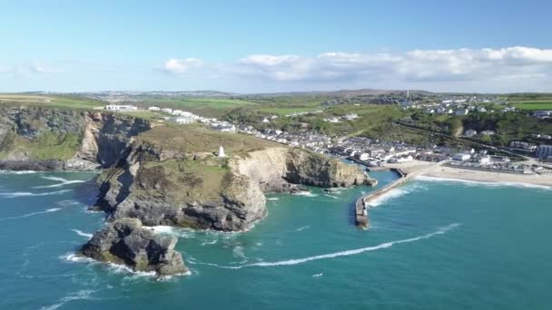 Panoramic View Portreath Village Beach Waves Turquoise Blue Sea Summer — 비디오