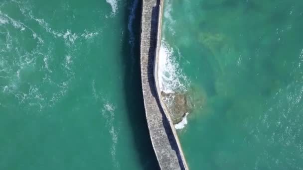 Top Shot Portreath Pier Famous Monkey Hut End Cornwall Aerial — Stockvideo
