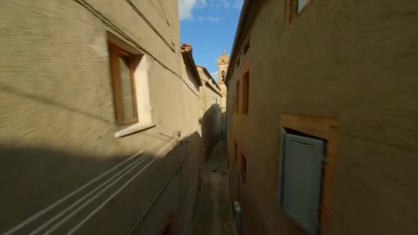 Drone Flying Narrow Alley Bell Tower Collegiate Church San Biagio — Vídeos de Stock