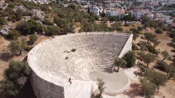 Woman Looking View Antique Amphitheater Kas Turkey Drone Angle — Stockvideo