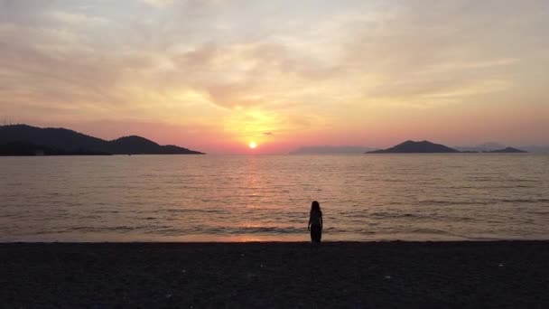 Girl Peaceful Moment Watching Famous Sunset Calis Beach Fethiye Turkey — Stockvideo