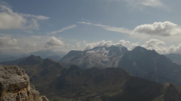 Dolomites Val Gardena Italy Astonishing Panorama High Mountain Peaks Sky — Stock Video