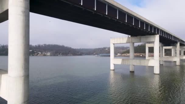 Aerial Flying Toll Bridge Crossing Ozarks Lake Missouri — Stock videók