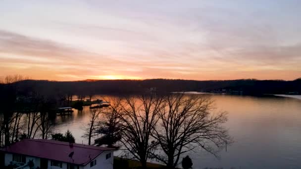 Breathtaking Sunset Reflection Lake Ozarks Missouri Aerial — Stock Video