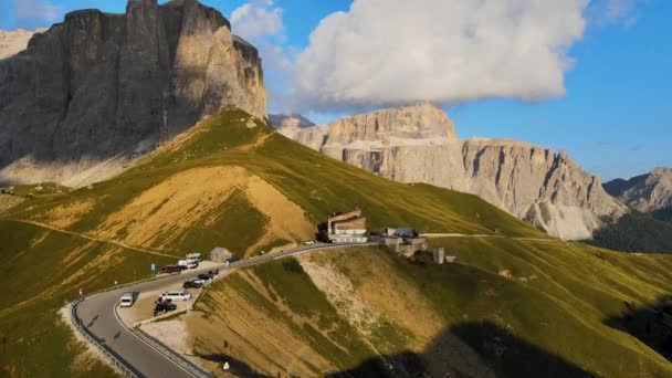 Aerial View Drone Goes Typical Scenario Dolomites Val Gardena Italy — Video