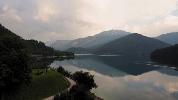 Aerial View Ledro Lake Trentino Italy Drone Lake Reflected Sky — Stockvideo