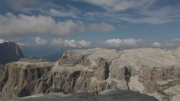 Aerial View Dolomites Val Gardena Italy High Mountain Peak Cloudy — стоковое видео