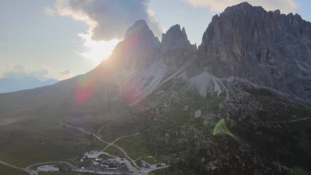 Aerial View Dolomites Peak Val Gardena Italy Sun Flare — Video