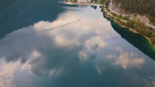 Drone Goes Little Boat Ledro Lake Trentino Val Ledro North — Video Stock