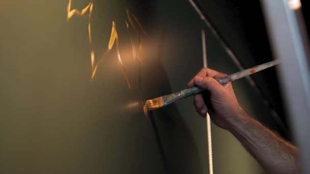 Slow Motion Man Hand Draws Wall Brush Graffiti Concept Night — Video Stock
