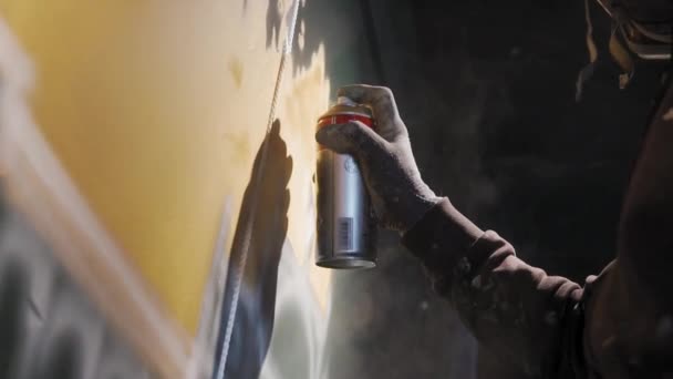 Slow Motion Side View Man Drawing Painting Spray Paint Having — Stockvideo