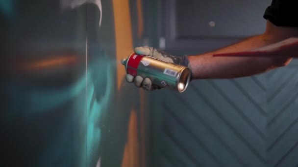 Slow Motion Street Art Low Light Man Drawing Spray Paint — Stock video