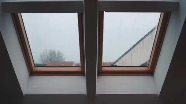 Rain Falling Loft Slanted Bay Window Overcast Day England Winter — Stock video