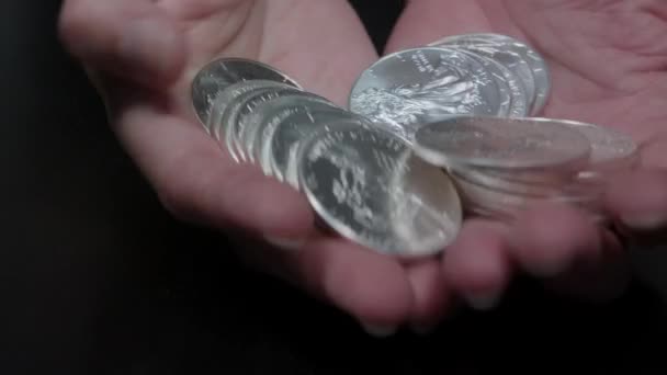 Silver Coins American Silver Eagles Being Tossed Hand — Vídeo de stock