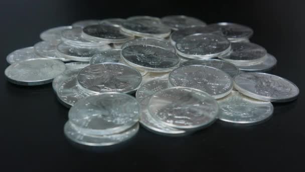 Gold Coins Being Dropped Pile Silver Coins — Vídeos de Stock