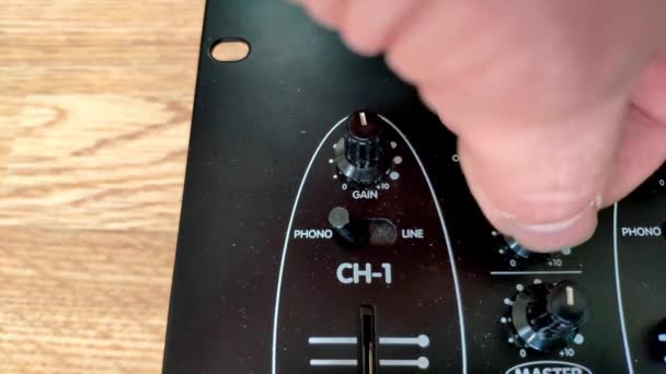 Corner Black Mixing Deck Seen Hand Adjusts Gain Knob Changes — Stock video