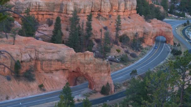 Aerial View Car Driving One Red Cayon Road Arches Bryce — Vídeo de Stock