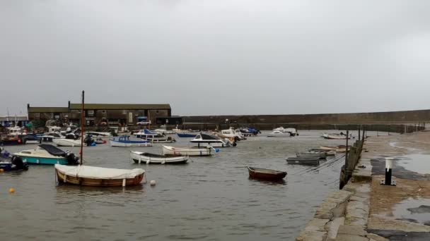 Small Port English Town Lyme Regis Rainy Day Big Waves — Stockvideo