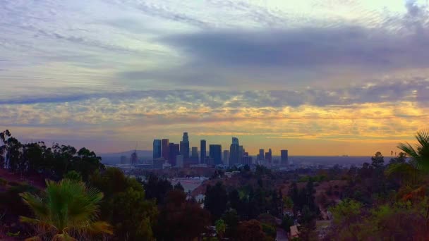 Panning Blue Tesla Model Looking Los Angeles Skyline Beautiful Sunset — Video