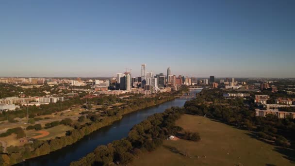 Drone Zilker Park Colorado River Austin City Skyline — Video