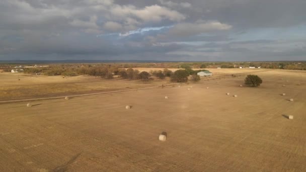 Drone Cloudy Central Texas Skies Open Fields Bails Hay — Vídeo de stock