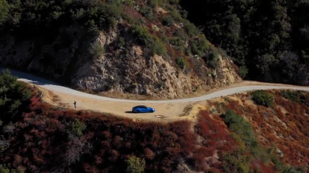 Drone Shot Baldy Slowly Flying Away Blue Tesla Model — Stock Video